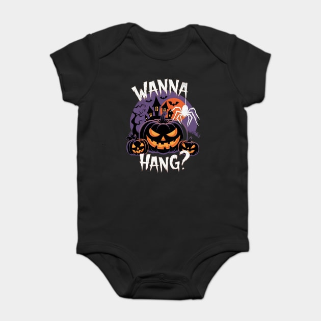 Wanna Hang? - Creepy Halloween Pumpkin and Spider Design Baby Bodysuit by Designed By Marty